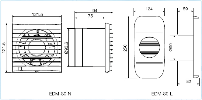 Dimensiuni - Ventilatoare axiale pentru baie seria EDM-80